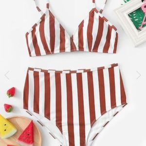 SHEIN Random Striped Top With High Waist Bikini M